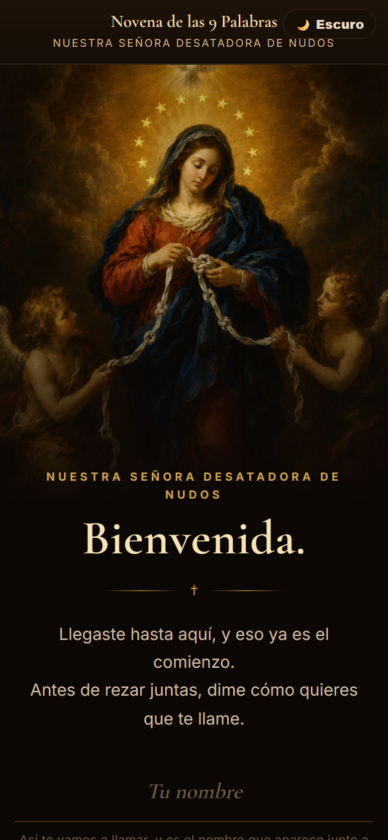 Pantalla de bienvenida de la Novena de las 9 Palabras